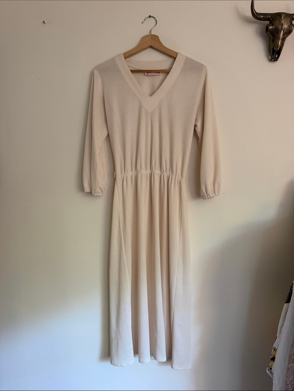 Vintage “Connections” Long Sleeve V-Neck Maxi Dress in Cream